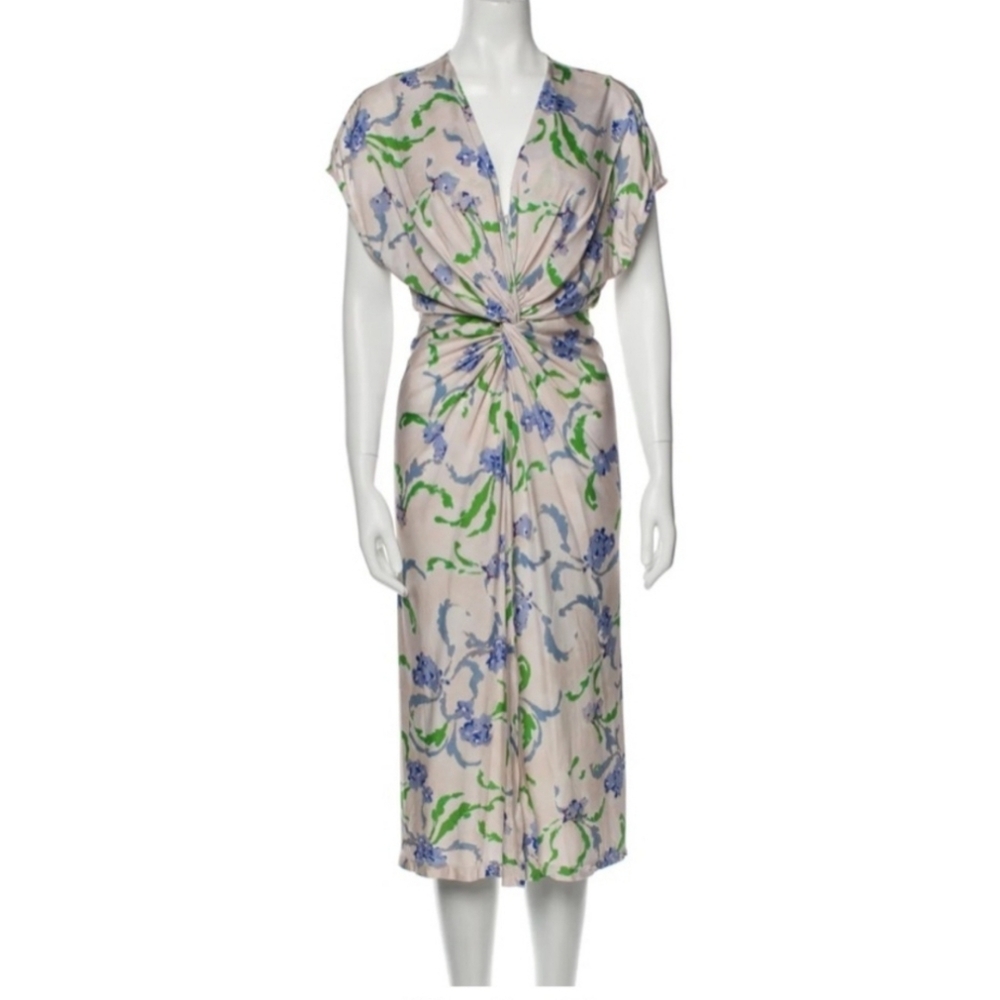 Prabal Gurung White Midi Dress with Blue and Green Floral Pattern
